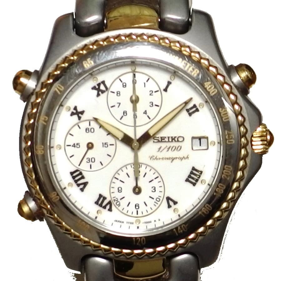 Seiko 1/100 Chronograph (7T52, two-tone, Roman numeral dial)